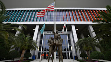 MIAMI, FLORIDA - DECEMBER 22: A general view of the Coach Don Shula statue on display at Hard Rock Stadium prior to the game between the Miami Dolphins and the Cincinnati Bengals on December 22, 2019 in Miami, Florida. (Photo by Mark Brown/Getty Images)