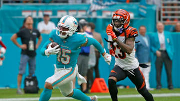 MIAMI GARDENS, FL - DECEMBER 22: Albert Wilson #15 of the Miami Dolphins runs with the ball against the Cincinnati Bengals during an NFL game on December 22, 2019 at Hard Rock Stadium in Miami Gardens, Florida. The Dolphins defeated the Bengals 38-35 in overtime. (Photo by Joel Auerbach/Getty Images)