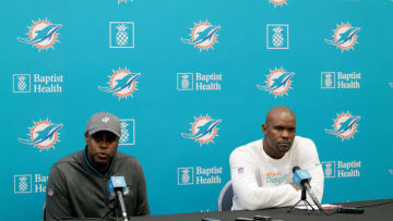 DAVIE, FLORIDA - DECEMBER 30: General Manager Chris Grier and Head Coach Brian Flores of the Miami Dolphins answers questions from the media during a season ending press conference at Baptist Health Training Facility at Nova Southern University on December 30, 2019 in Davie, Florida. (Photo by Mark Brown/Getty Images)