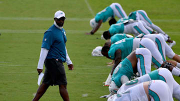 DAVIE, FLORIDA - AUGUST 26: Head Coach Brian Flores of the Miami Dolphins looks on during training camp at Baptist Health Training Facility at Nova Southern University on August 26, 2020 in Davie, Florida. (Photo by Mark Brown/Getty Images)