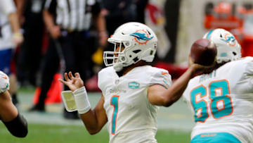 GLENDALE, ARIZONA - NOVEMBER 08: Quarterback Tua Tagovailoa #1 of the Miami Dolphins throws during the first half of the NFL game against the Arizona Cardinals at State Farm Stadium on November 08, 2020 in Glendale, Arizona. (Photo by Chris Coduto/Getty Images)