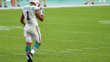 MIAMI GARDENS, FLORIDA - NOVEMBER 15: Tua Tagovailoa #1 of the Miami Dolphins in action against the Los Angeles Chargers at Hard Rock Stadium on November 15, 2020 in Miami Gardens, Florida. (Photo by Mark Brown/Getty Images)