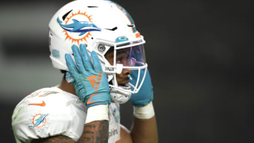 LAS VEGAS, NEVADA - DECEMBER 26: Myles Gaskin #37 of the Miami Dolphins reacts to missed chance during a 26-25 Dolphins win over the Las Vegas Raiders at Allegiant Stadium on December 26, 2020 in Las Vegas, Nevada. (Photo by Harry How/Getty Images)