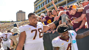 BOULDER, CO - SEPTEMBER 18: Offensive lineman Daniel Faalele #78 of the Minnesota Golden Gophers walks off the field after a 30-0 win over the Colorado Buffaloes at Folsom Field on September 18, 2021 in Boulder, Colorado. (Photo by Dustin Bradford/Getty Images)