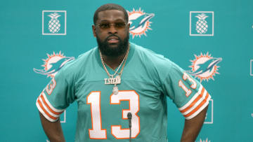 MIAMI GARDENS, FLORIDA - MARCH 24: Terron Armstead speaks with the media after being introduced by the Miami Dolphins at Baptist Health Training Complex on March 24, 2022 in Miami Gardens, Florida. (Photo by Mark Brown/Getty Images)