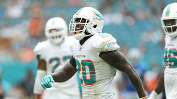 MIAMI, FL - OCTOBER 21: Reshad Jones #20 of the Miami Dolphins reacts against the Detroit Lions during the second half at Hard Rock Stadium on October 21, 2018 in Miami, Florida. (Photo by Michael Reaves/Getty Images)