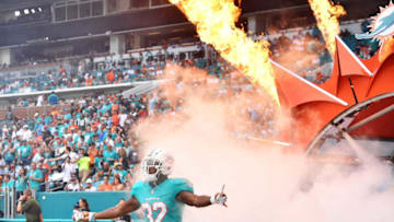 MIAMI, FL - NOVEMBER 04: Kenyan Drake #32 of the Miami Dolphins takes the field for their game against the New York Jets at Hard Rock Stadium on November 4, 2018 in Miami, Florida. (Photo by Mark Brown/Getty Images)