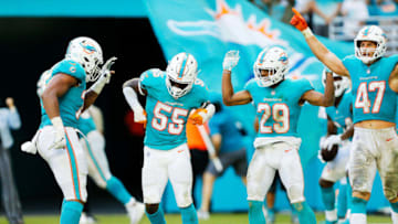 MIAMI, FL - NOVEMBER 04: Jerome Baker #55 of the Miami Dolphins celebrates after scoring a touchdown against the New York Jets in the fourth quarter of their game at Hard Rock Stadium on November 4, 2018 in Miami, Florida. (Photo by Michael Reaves/Getty Images)
