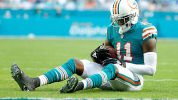 MIAMI, FL - DECEMBER 02: DeVante Parker #11 of the Miami Dolphins reacts after falling short of the endzone for a touchdown against the Buffalo Bills during the first half at Hard Rock Stadium on December 2, 2018 in Miami, Florida. (Photo by Michael Reaves/Getty Images)