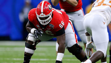 NEW ORLEANS, LOUISIANA - JANUARY 01: Solomon Kindley #66 of the Georgia Bulldogs guards during the Allstate Sugar Bowl against the Texas Longhorns at the Mercedes-Benz Superdome on January 01, 2019 in New Orleans, Louisiana. (Photo by Jonathan Bachman/Getty Images)