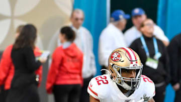 MIAMI, FLORIDA - FEBRUARY 02: Matt Breida #22 of the San Francisco 49ers warms up during pregame warm ups prior to the start of Super Bowl LIV against the Kansas City Chiefs at Hard Rock Stadium on February 02, 2020 in Miami, Florida. The Chiefs won the game 31-20. (Photo by Focus on Sport/Getty Images)