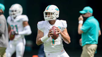 Miami Dolphins quarterback Tua Tagovailoa (1) during pregame warmups at Hard Rock Stadium in Miami Gardens, September 20, 2020. [ALLEN EYESTONE/The Palm Beach Post]