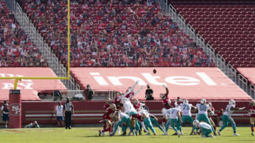 October 11, 2020; Santa Clara, California, USA; Miami Dolphins kicker Jason Sanders (7) kicks a field goal against the San Francisco 49ers during the second quarter at Levi's Stadium. Mandatory Credit: Kyle Terada-USA TODAY Sports