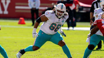 October 11, 2020; Santa Clara, California, USA; Miami Dolphins offensive tackle Robert Hunt (68) during the first quarter against the San Francisco 49ers at Levi's Stadium. Mandatory Credit: Kyle Terada-USA TODAY Sports
