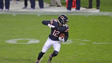 Nov 1, 2020; Chicago, Illinois, USA; Chicago Bears wide receiver Allen Robinson (12) runs with the ball during the second half at against the New Orleans Saints Soldier Field. Mandatory Credit: Dennis Wierzbicki-USA TODAY Sports