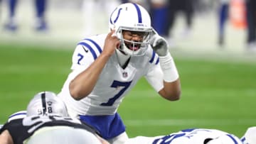 Dec 13, 2020; Paradise, Nevada, USA; Indianapolis Colts quarterback Jacoby Brissett (7) against the Las Vegas Raiders at Allegiant Stadium. Mandatory Credit: Mark J. Rebilas-USA TODAY Sports