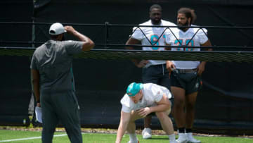 Miami Dolphins offensive tackle OT Liam Eichenberg, 74, pratices during OTA's at training facility in Davie, Florida on May 26, 2021.