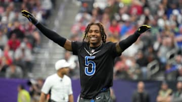 Feb 5, 2023; Paradise, Nevada, USA; NFC cornerback Jalen Ramsey of the Los Angeles Rams (5) reacts against the AFC during the Pro Bowl Games at Allegiant Stadium. Mandatory Credit: Kirby Lee-USA TODAY Sports