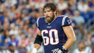 Aug 22, 2019; Foxborough, MA, USA; New England Patriots center David Andrews (60) reacts during the first half against the Carolina Panthers at Gillette Stadium. Mandatory Credit: Greg M. Cooper-USA TODAY Sports