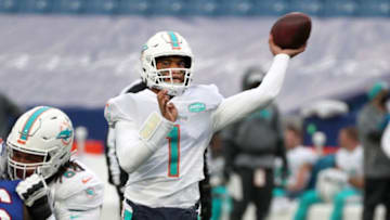 Miami quarterback Tua Tagovailoa threw for 361 yards but had three interceptions agains the Bills.Jg 010321 Bills 29