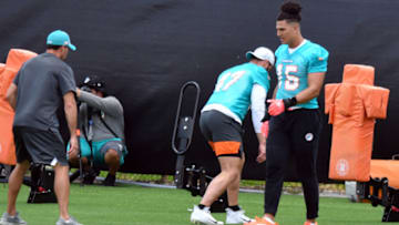 May 26, 2021; Davie, Florida, USA; Miami Dolphins linebacker Jaelan Phillips (15) participates in OTA workouts at Baptist Health Training Facility. Mandatory Credit: Jim Rassol-USA TODAY Sports