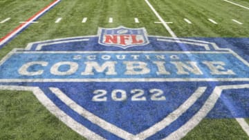Mar 3, 2022; Indianapolis, IN, USA;General view of the NFL Scouting Combine logo on the field during the 2022 NFL Scouting Combine at Lucas Oil Stadium. Mandatory Credit: Kirby Lee-USA TODAY Sports