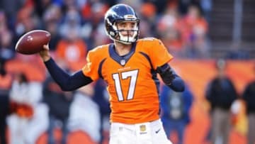 Jan 3, 2016; Denver, CO, USA; Denver Broncos quarterback Brock Osweiler (17) looks to throw the ball during the first half against the San Diego Chargers at Sports Authority Field at Mile High. Mandatory Credit: Chris Humphreys-USA TODAY Sports