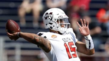 Jan 30, 2016; Mobile, AL, USA; South squad quarterback Dak Prescott of Mississippi State (15) throws a pass during warmups before the start of the Senior Bowl at Ladd-Pebbles Stadium. Mandatory Credit: Butch Dill-USA TODAY Sports
