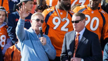 Feb 9, 2016; Denver, CO, USA; Denver Broncos general manager John Elway (left) talks with radio host Dave Logan during the Super Bowl 50 championship parade celebration at Civic Center Park. Mandatory Credit: Isaiah J. Downing-USA TODAY Sports