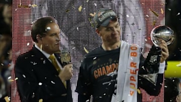 Feb 7, 2016; Santa Clara, CA, USA; Denver Broncos quarterback Peyton Manning (18) celebrates after defeating the Carolina Panthers in Super Bowl 50 at Levi