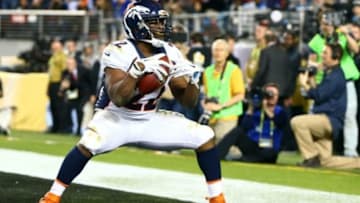 Feb 7, 2016; Santa Clara, CA, USA; Denver Broncos running back C.J. Anderson (22) celebrates after scoring a touchdown against the Carolina Panthers in the fourth quarter in Super Bowl 50 at Levi