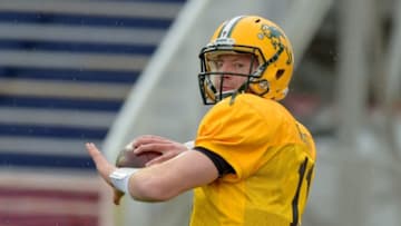 Jan 26, 2016; Mobile, AL, USA; North squad quarterback Carson Wentz of North Dakota State (11) throws a pass during Senior Bowl practice at Ladd-Peebles Stadium. Mandatory Credit: Glenn Andrews-USA TODAY Sports