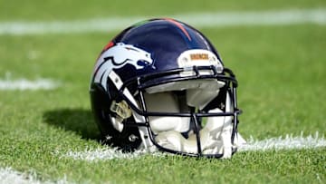 Dec 13, 2015; Denver, CO, USA; General view of a Denver Broncos helmet before the game against the Oakland Raiders at Sports Authority Field at Mile High. Mandatory Credit: Ron Chenoy-USA TODAY Sports