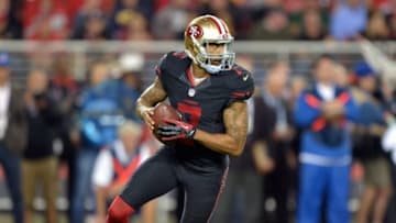Sep 14, 2015; Santa Clara, CA, USA; San Francisco 49ers quarterback Colin Kaepernick (7) throws a pass against the Minnesota Vikings at Levi