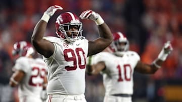 Jan 11, 2016; Glendale, AZ, USA; Alabama Crimson Tide defensive lineman Jarran Reed (90) reacts during the second quarter against the Clemson Tigers in the 2016 CFP National Championship at University of Phoenix Stadium. Mandatory Credit: Joe Camporeale-USA TODAY Sports
