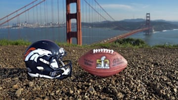 Feb 5, 2016; San Francisco, CA, USA; General view of Denver Broncos and NFL Wilson Duke Super Bowl 50 logo helmet at the Golden Gate bridge. Mandatory Credit: Kirby Lee-USA TODAY Sports