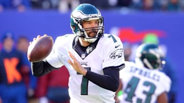 Jan 3, 2016; East Rutherford, NJ, USA; Philadelphia Eagles quarterback Sam Bradford (7) throws the ball against the New York Giants during the first quarter at MetLife Stadium. Mandatory Credit: Brad Penner-USA TODAY Sports