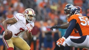 Aug 29, 2015; Denver, CO, USA; San Francisco 49ers quarterback Colin Kaepernick (7) attempts to scramble away from Denver Broncos outside linebacker Von Miller (58) during the first half at Sports Authority Field at Mile High. Mandatory Credit: Chris Humphreys-USA TODAY Sports