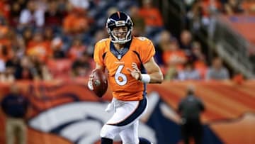 Aug 20, 2016; Denver, CO, USA; Denver Broncos quarterback Mark Sanchez (6) runs with the ball in the third quarter against the San Francisco 49ers at Sports Authority Field at Mile High. The 49ers defeated the Broncos 31-24. Mandatory Credit: Isaiah J. Downing-USA TODAY Sports