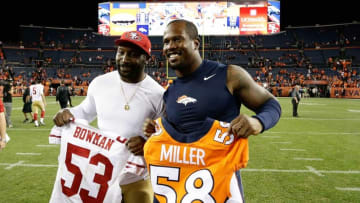 Aug 20, 2016; Denver, CO, USA; San Francisco 49ers inside linebacker NaVorro Bowman (53) and Denver Broncos outside linebacker Von Miller (58) pose for a picture following the game at Sports Authority Field at Mile High. The 49ers defeated the Broncos 31-24. Mandatory Credit: Isaiah J. Downing-USA TODAY Sports