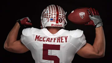 Jul 15, 2016; Hollywood, CA, USA; Stanford Cardinal running back Christian McCaffrey poses with Nike logo gloves during Pac-12 media day at Hollywood & Highland. Mandatory Credit: Kirby Lee-USA TODAY Sports