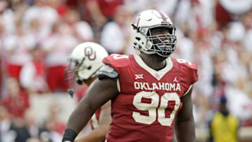NORMAN, OK - SEPTEMBER 29: Defensive lineman Neville Gallimore #90 of the Oklahoma Sooners celebrates a quarterback sack against the Baylor Bears at Gaylord Family Oklahoma Memorial Stadium on September 29, 2018 in Norman, Oklahoma. (Photo by Brett Deering/Getty Images)