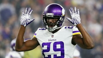 FOXBOROUGH, MA - DECEMBER 02: Xavier Rhodes #29 of the Minnesota Vikings reacts during the second half against the New England Patriots at Gillette Stadium on December 2, 2018 in Foxborough, Massachusetts. (Photo by Adam Glanzman/Getty Images)