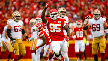 KANSAS CITY, MO - AUGUST 24: Chris Jones #95 of the Kansas City Chiefs celebrates a blocked pass against the San Francisco 49ers during preseason action at Arrowhead Stadium on August 24, 2019 in Kansas City, Missouri. (Photo by David Eulitt/Getty Images)