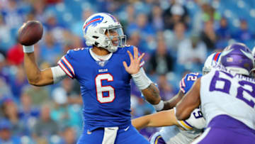 ORCHARD PARK, NY - AUGUST 29: Tyree Jackson #6 of the Buffalo Bills looks to throw a pass during the first half of a preseason game against the Minnesota Vikings at New Era Field on August 29, 2019 in Orchard Park, New York. (Photo by Timothy T Ludwig/Getty Images)