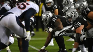 OAKLAND, CALIFORNIA - SEPTEMBER 09: The Oakland Raiders line up against the Denver Broncos during their NFL game at RingCentral Coliseum on September 09, 2019 in Oakland, California. (Photo by Robert Reiners/Getty Images)