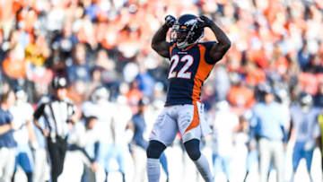DENVER, CO - OCTOBER 13: Kareem Jackson #22 of the Denver Broncos celebrates after a defensive stop in the third quarter of a game against the Tennessee Titans at Empower Field at Mile High on October 13, 2019 in Denver, Colorado. (Photo by Dustin Bradford/Getty Images)