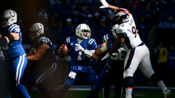 INDIANAPOLIS, IN - OCTOBER 27: Jacoby Brissett #7 of the Indianapolis Colts drops back to pass during the first quarter of the game against the Denver Broncos at Lucas Oil Stadium on October 27, 2019 in Indianapolis, Indiana. (Photo by Bobby Ellis/Getty Images)