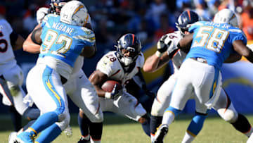 CARSON, CALIFORNIA - OCTOBER 06: Royce Freeman #28 of the Denver Broncos cuts back during the fourth quarter in a 20-13 win over the Los Angeles Chargers at Dignity Health Sports Park on October 06, 2019 in Carson, California. (Photo by Harry How/Getty Images)