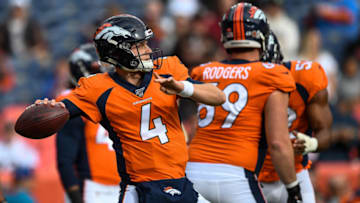 DENVER, CO - NOVEMBER 3: Brett Rypien #4 of the Denver Broncos throws as he warms up before a game against the Cleveland Browns at Empower Field at Mile High on November 3, 2019 in Denver, Colorado. (Photo by Dustin Bradford/Getty Images)